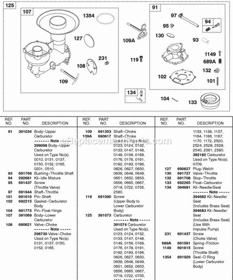 Carburetor Choke  Throttle Shaft Upper Body Diagram and Parts List for  Briggs and Stratton Engine